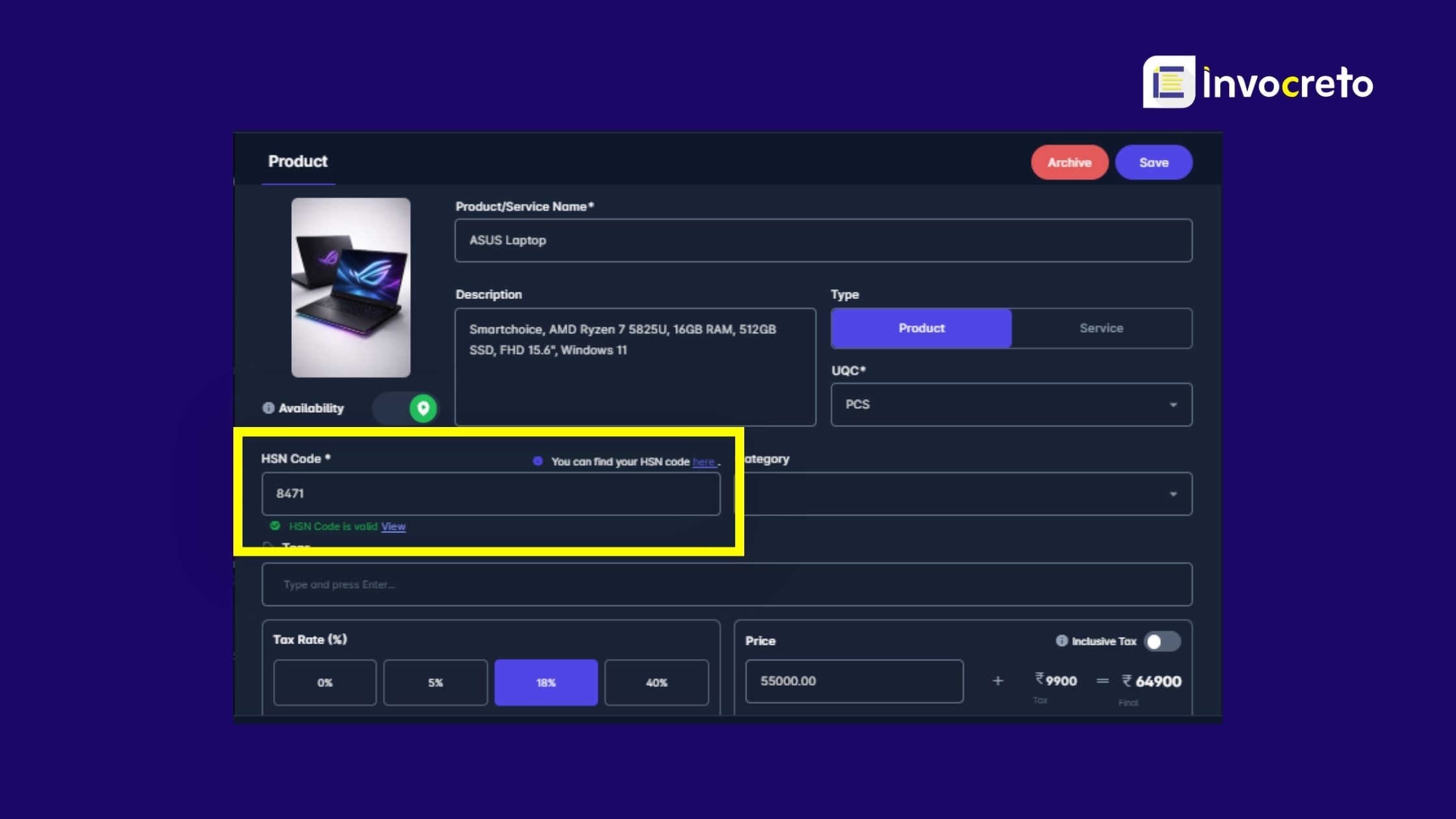 HSN/SAC code in invoicing software for GST invoice